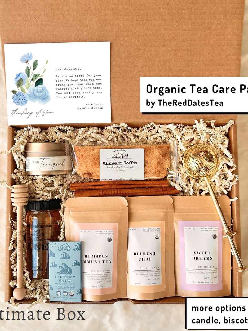 Sympathy Tea Gift Box: Organic Herbal Tea, Infuser, Honey, Biscotti, Candle & Condolences Card sympathy flower