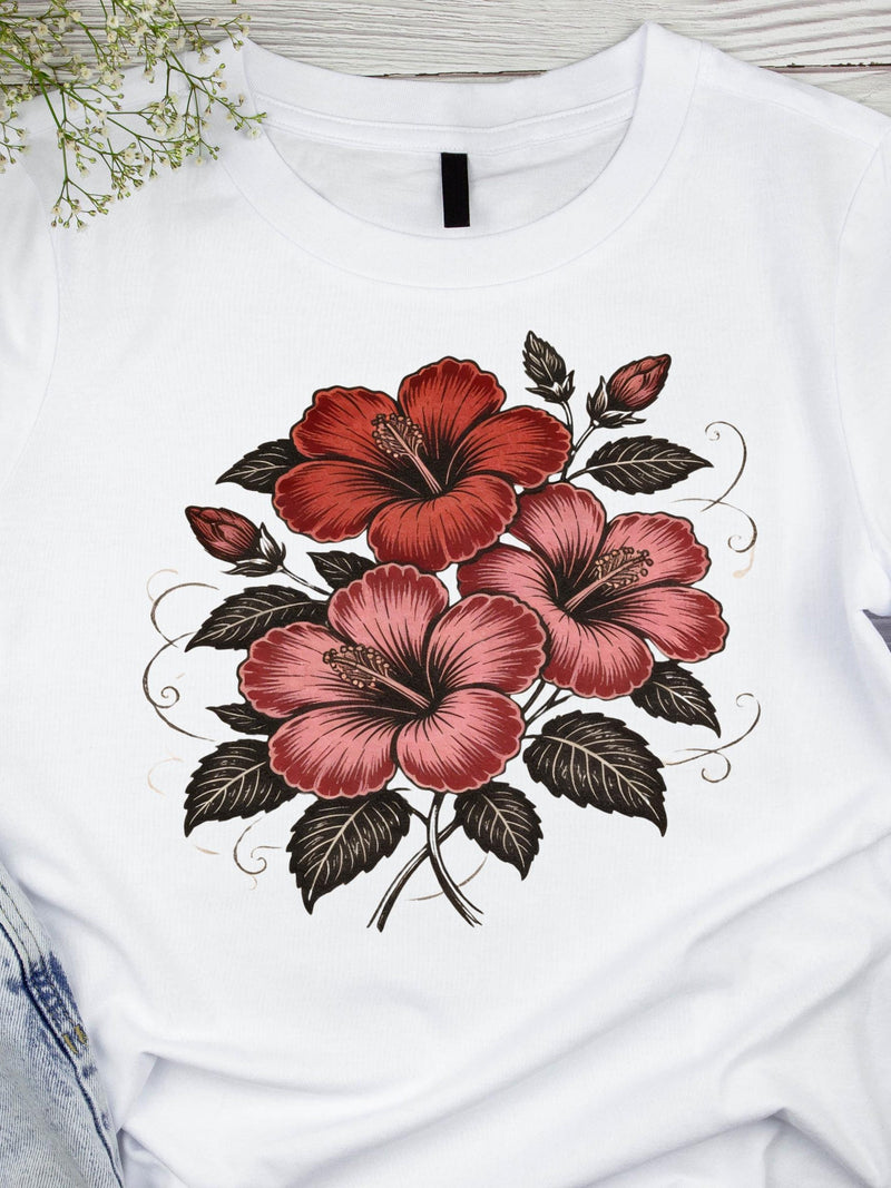 Vintage Red Hibiscus Botanical Tee Ð Retro Floral Illustration T-Shirt FLOWER DELIVERY