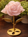 Rose Quartz Rose on Gold Stand 7 Inch Ð Carved Rose Quartz Flower, Pink Crystal Decor, Self Standing Crystal Sculpture, Romantic Gift Idea Love Romance Flower