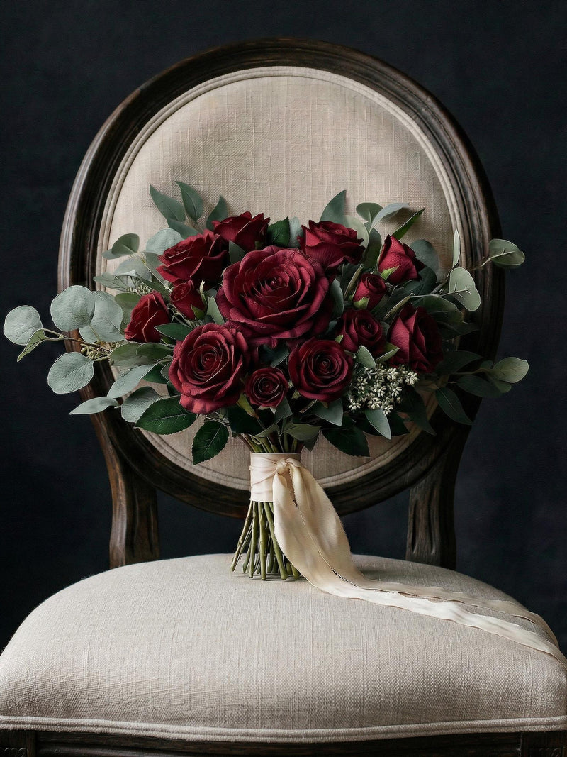 Burgundy Rose Artificial Bridal Bouquet, Faux Greenery Wedding Flowers, Silk Bridesmaid Bouquet wedding flower