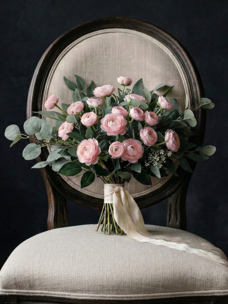 Blush Ranunculus Artificial Bridal Bouquet, Faux Greenery Wedding Flowers, Silk Bridesmaid Bouquet Bouquet