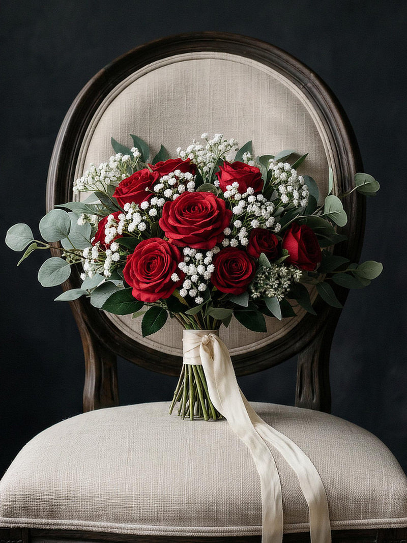 Red Rose Bridal Bouquet, Artificial Greenery Wedding Flowers, Silk Bridesmaid Bouquet wedding flower
