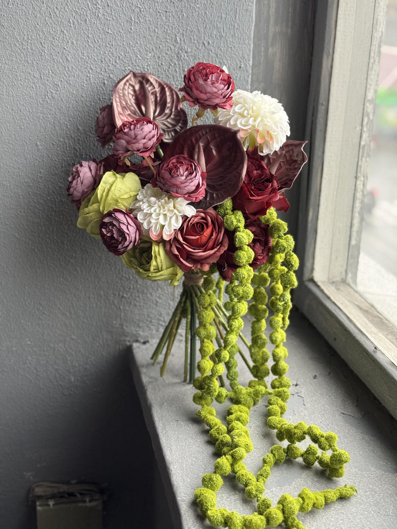 Luxury Artificial Wedding Bouquet, Winter Wedding Flowers - Rose, Ranunculus, Anthurium, Modern Bridal Bouquet with Amaranth's Strands wedding flower