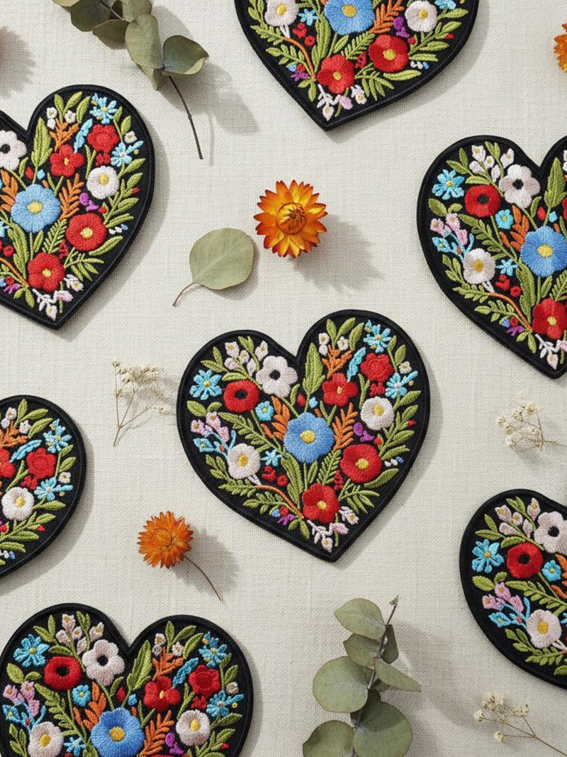 Embroidered Floral Heart Patch for Denim Jacket Botanical Love Iron On Patch for Streetwear Fashion Romantic Street Flower Badge Love Romance Flower
