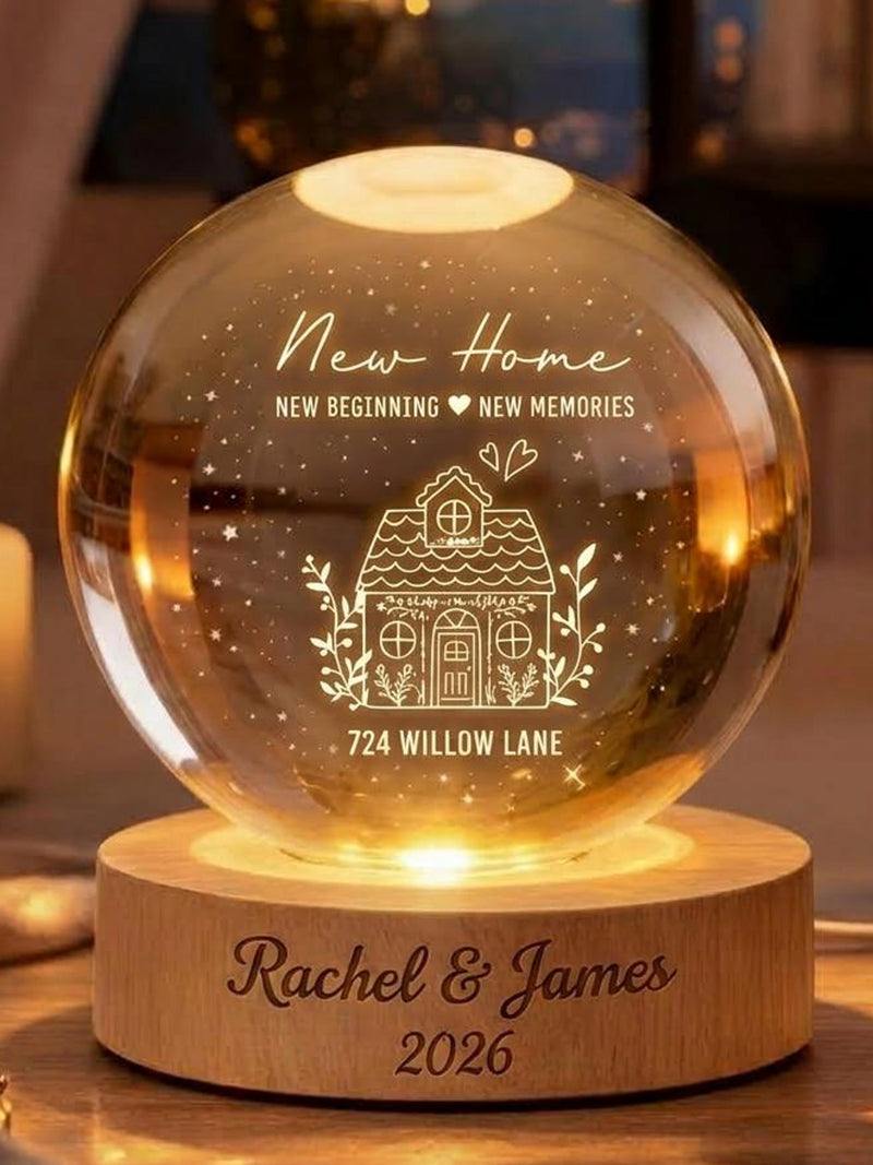 Personalized New Home Crystal Ball Night Light, Custom Housewarming LED Lamp, New Beginning Memories Gift, First Home Keepsake, Couple Decor house warming flower