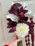 Burgundy cymbidium orchid, white calla lilies, burgundy emerald leaves, hydrangeas, amaranthus cascading bouquet Bouquet