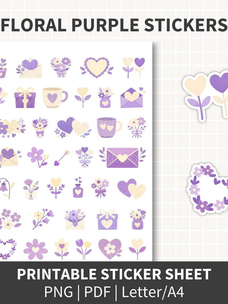 PURPLE FLOWER Stickers Printable Love Theme Floral Bouquet Stickers Cute Hearts Gifts Scrapbook Journal Stickers PNG Pdf Craft Sticker Kit Love Romance Flower
