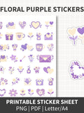 PURPLE FLOWER Stickers Printable Love Theme Floral Bouquet Stickers Cute Hearts Gifts Scrapbook Journal Stickers PNG Pdf Craft Sticker Kit Love Romance Flower