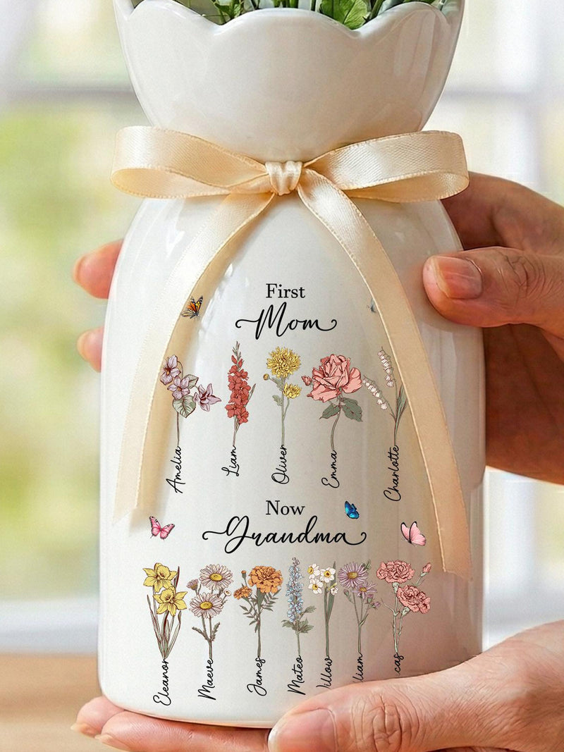 Custom First Mom Now Grandma Ceramic Flower Vase, Birth Month Flower Vase, Grandmas Garden Vase, Birthday Gift for Mom Nana Mothers Day Gift birthday flower