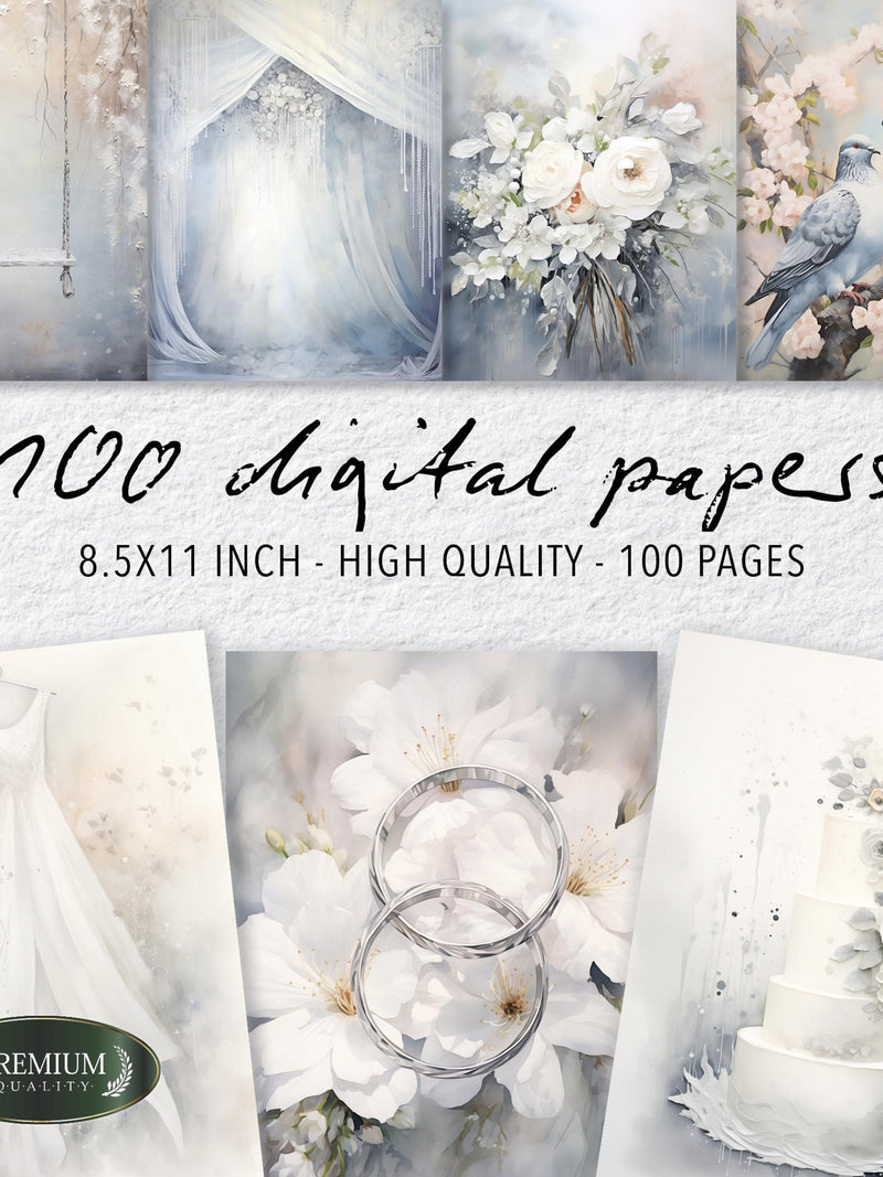 100 Wedding Digital Paper, Elegant Champagne Junk Journal Pages, Romantic Floral Scrapbook Backgrounds, Bridal Event Kit 8.5x11 Love Romance Flower