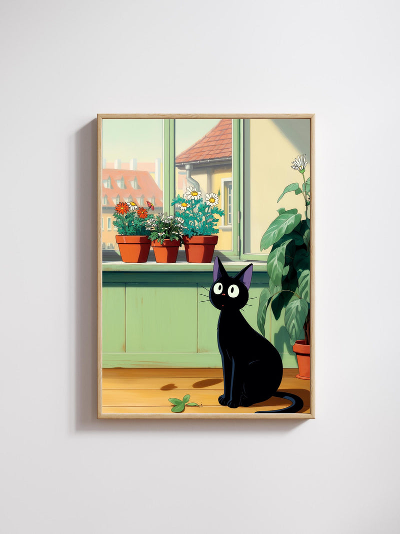Jiji Sunny Kitchen Poster Ð Ghibli Inspired Black Cat Flower Window Art, Cozy Wall Decor FLOWER DELIVERY