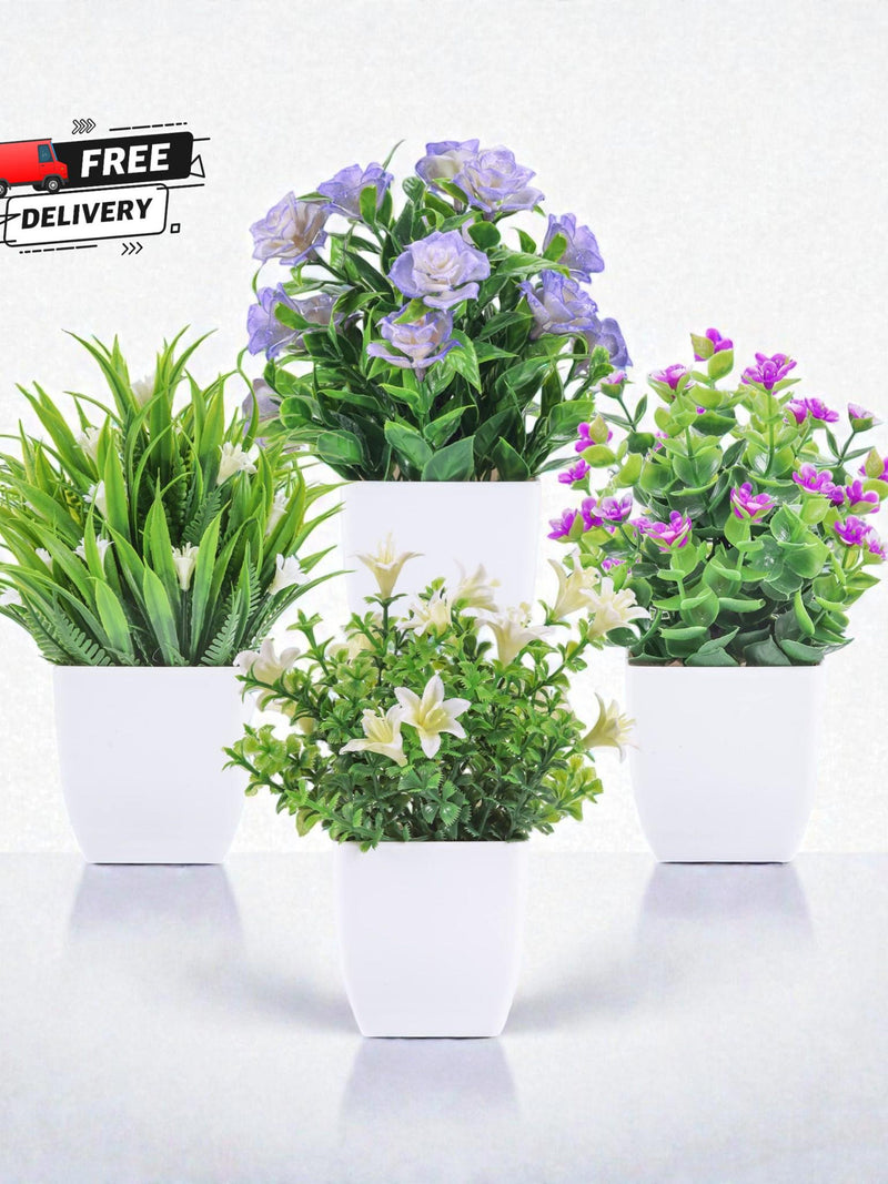 Mini Faux Plants with Flowers, Spring Desk Decor, Set of 4 Artificial Eucalyptus Plants faux plants