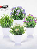 Mini Faux Plants with Flowers, Spring Desk Decor, Set of 4 Artificial Eucalyptus Plants faux plants
