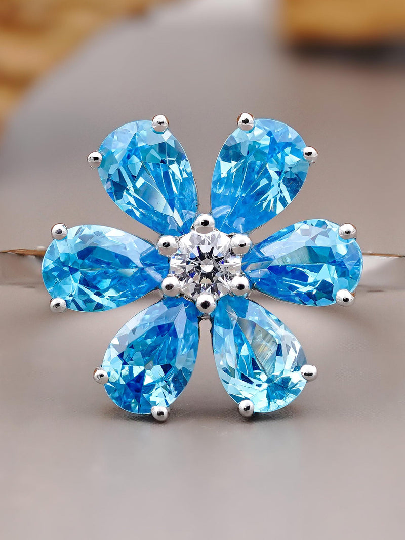 Flower Shape Topaz Ring, Swarovski Ring, Bridesmaid Ring, Gemstone Anniversary Ring, Birthstone Ring, Swiss Blue Diamond Ring, Ring For Her ANNIVERSARY