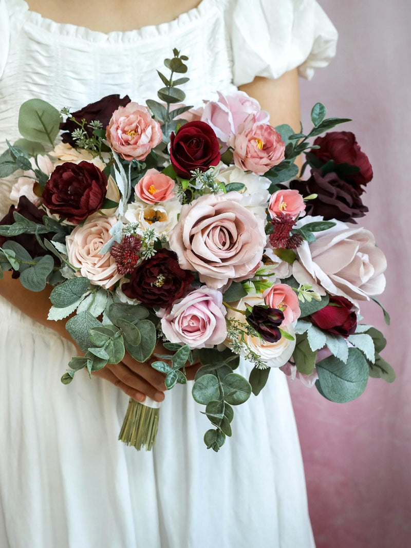 Dusty Pink Burgundy Silk Wedding Bouquet, Artificial Bridal Flowers Bouquet