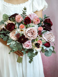 Dusty Pink Burgundy Silk Wedding Bouquet, Artificial Bridal Flowers Bouquet