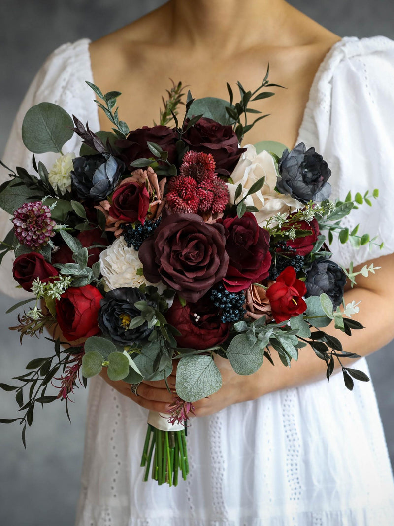 Burgundy Silk Flower Bridal Bouquet, Handmade Boho Artificial Wedding flowers silk flower