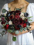 Burgundy Silk Flower Bridal Bouquet, Handmade Boho Artificial Wedding flowers Bouquet