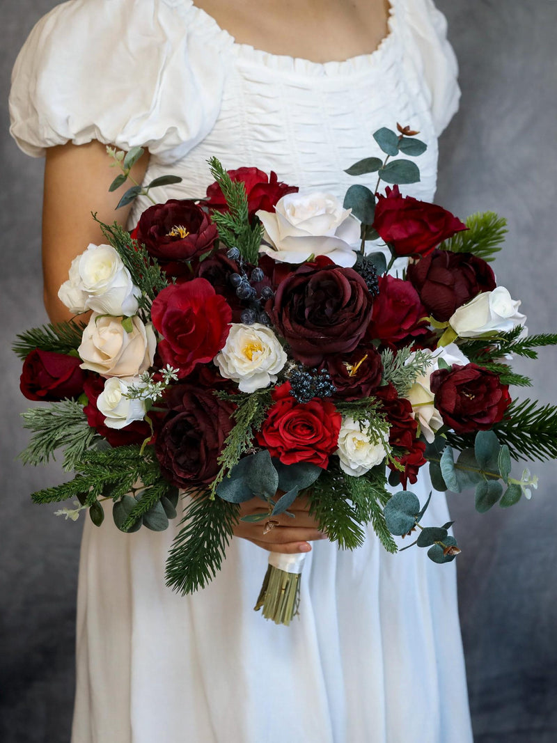 Winter Burgundy Bridal Bouquet, Winter Faux Flowers, Handmade Canada, Silk Wedding Flower Bouquet