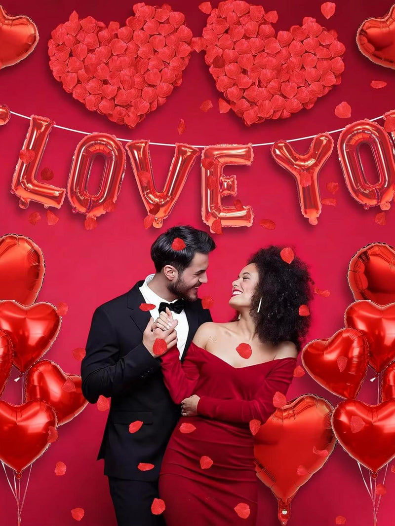 1000 Silk Rose Petals & I LOVE YOU Heart Balloon Set Ð Romantic Proposal Decor ANNIVERSARY