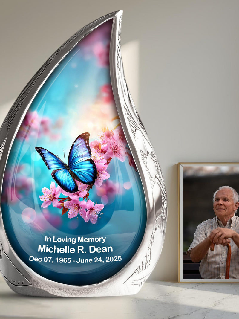 Personalized Butterfly Cremation Urn, Blue Memorial Urn for Ashes, Custom Funeral Urn, Pink Flower Mom Urn, Sympathy Gift, Remembrance Decor sympathy flower