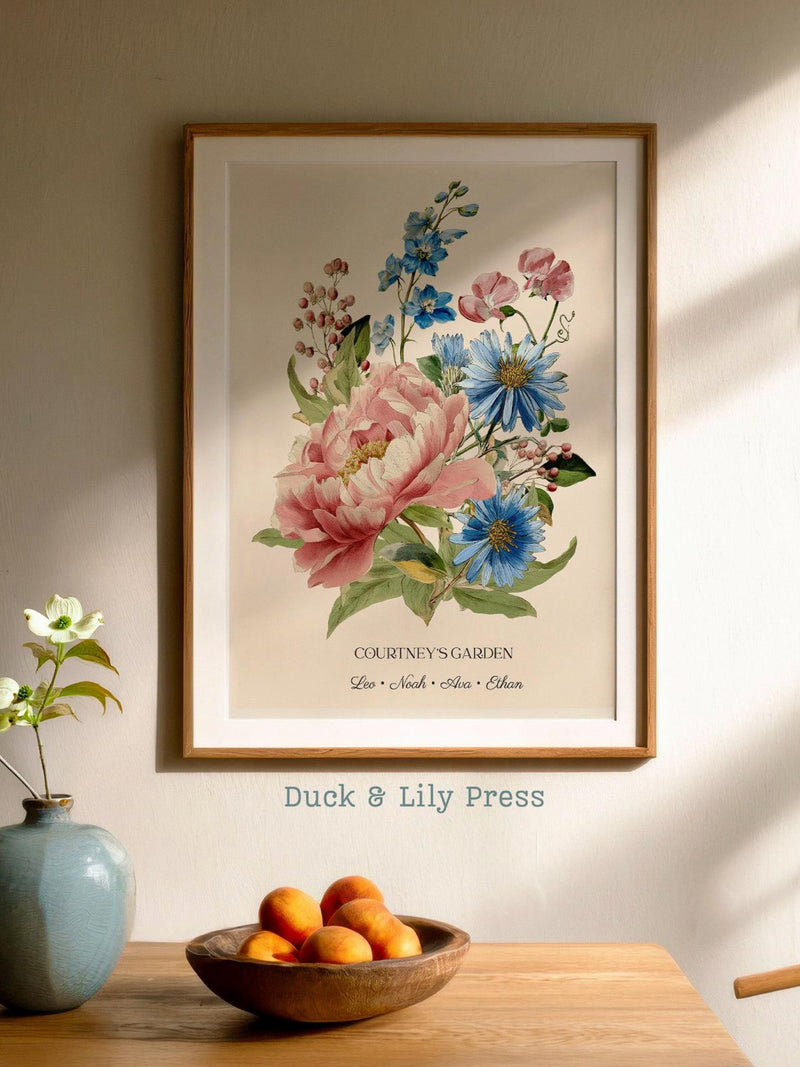 Custom Birth Flower Bouquet Print ¥ Personalized Vintage Botanical Family Art (Digital Download) birthday flower