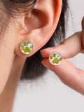Custom Birth Flower Paw Earrings, 925 Sterling Silver Mother of Pearl Stud Earrings, Real Pressed Flower Jewelry, Gift for Pet Lovers sympathy flower