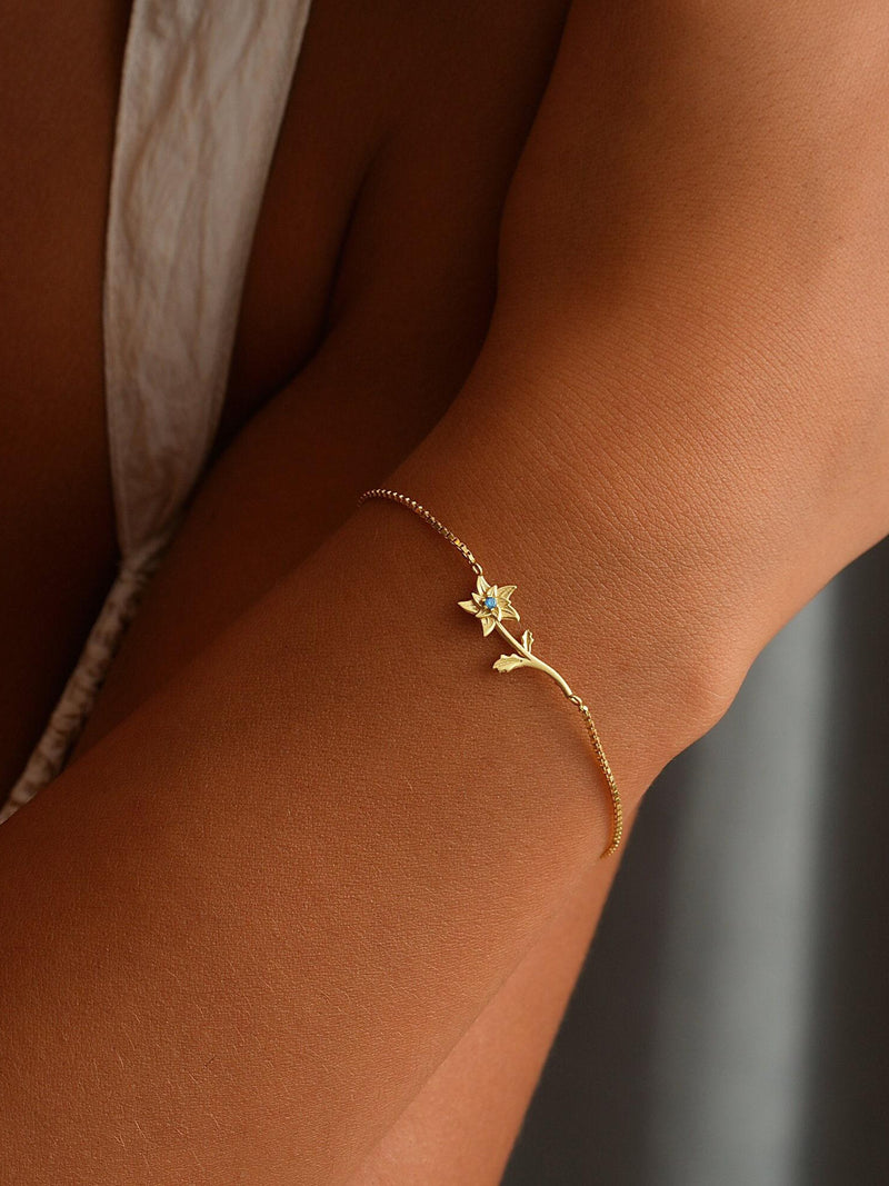 Personalized Birth Flower Bracelet, Sterling Silver Box Chain, Birthstone Floral Jewelry birthday flower