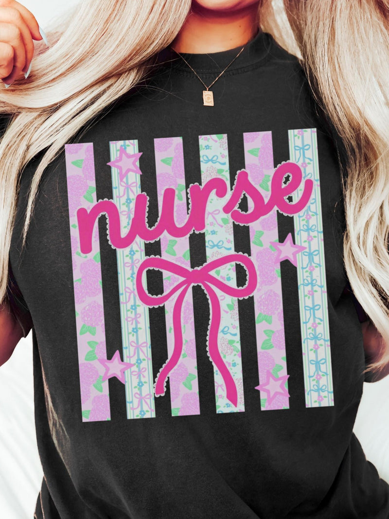 Coquette Nurse Shirt Comfort Colors Preppy Bow Ditsy Floral Tee, Cute Aesthetic Nursing Top, Pastel RN Gift, Coworker Matching Outfit FLOWER DELIVERY