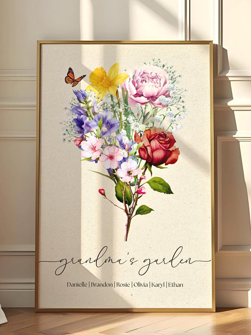Personalized Birth Flower Bouquet Print, Custom Grandma's Garden Sign, Family Birth Month Flower Art for Mom, Nana, Nanny, Mimi, Gigi. sympathy flower