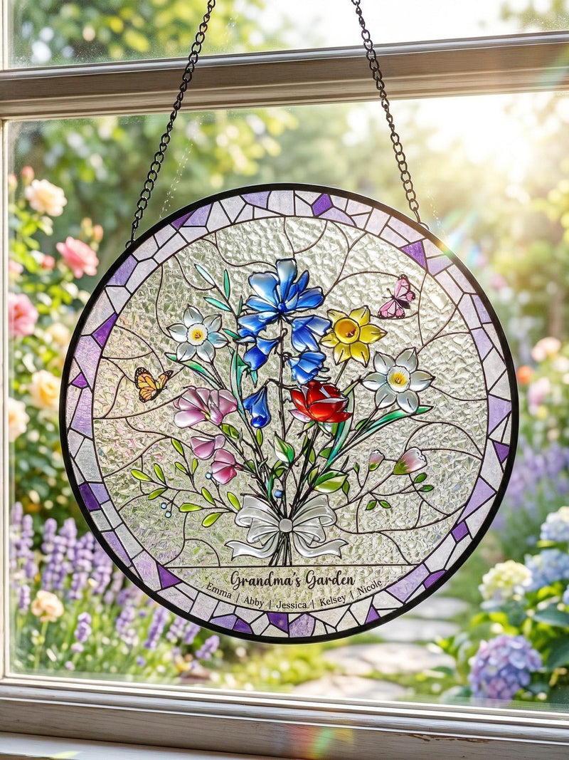 Personalized Birth Flower Stained Glass Suncatcher with 3D Raised Detail, Family Bouquet Window Hanging, Mothers Day Gift for Mom or Grandma birthday flower