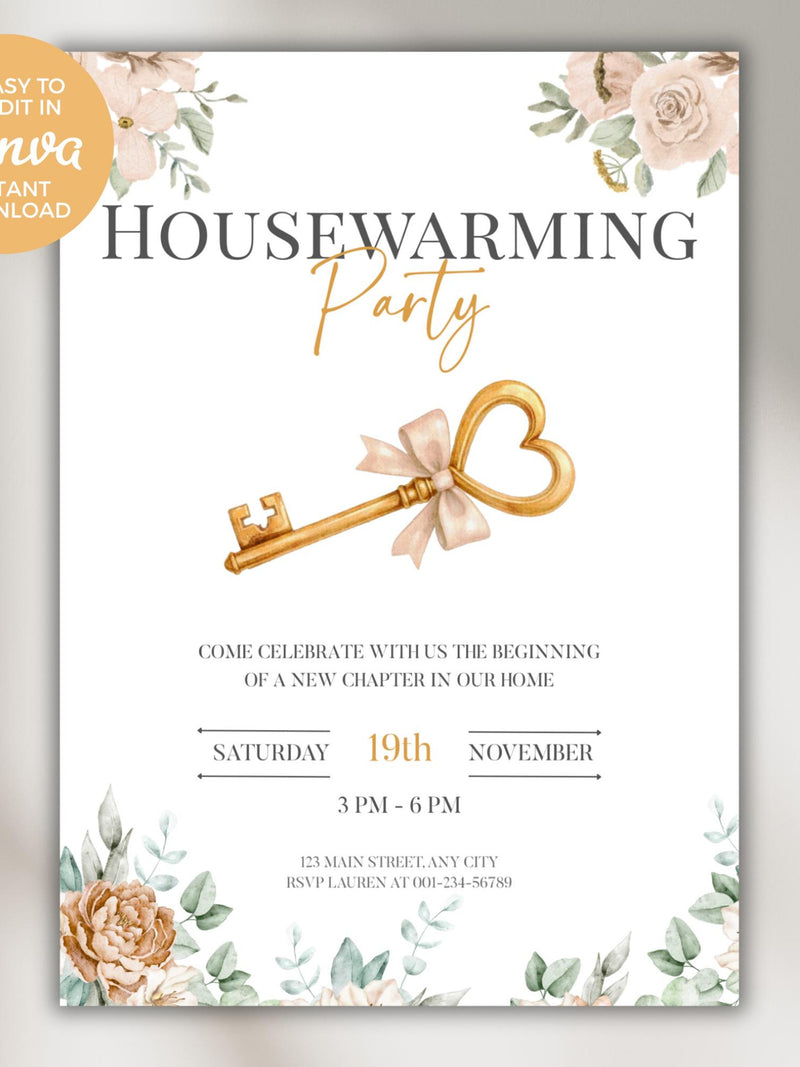 Housewarming Party Invitation | Floral New Home Party Invite | Editable Canva Template | Printable Invite | Digital Invitation | Phone Evite house warming flower