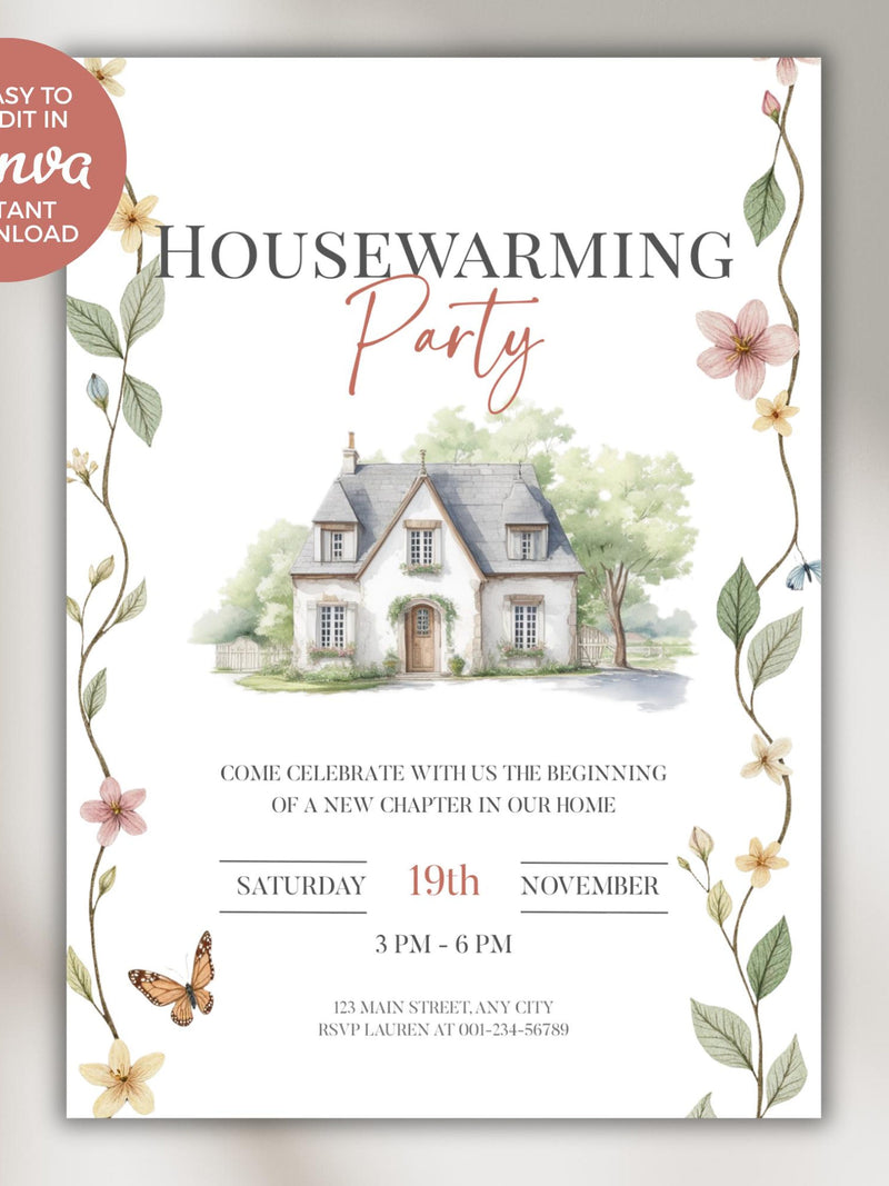 Housewarming Party Invitation | Floral Boho New Home Party Invite | Printable Invitation | Editable Canva Template | Digital Invitation house warming flower