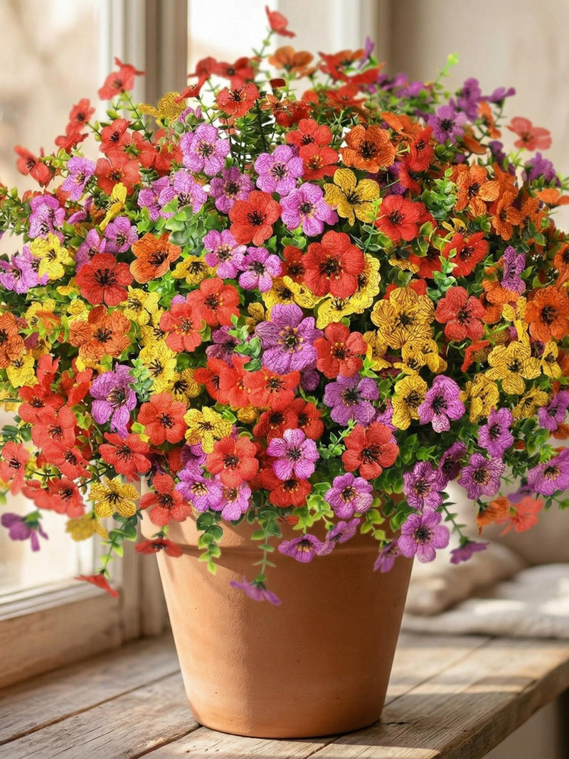 12pcs Faux Outdoor Flowers 13.8in, UV Resistant Artificial Colorful Plants for Porch, Garden, Window Box & Home Decor faux plants