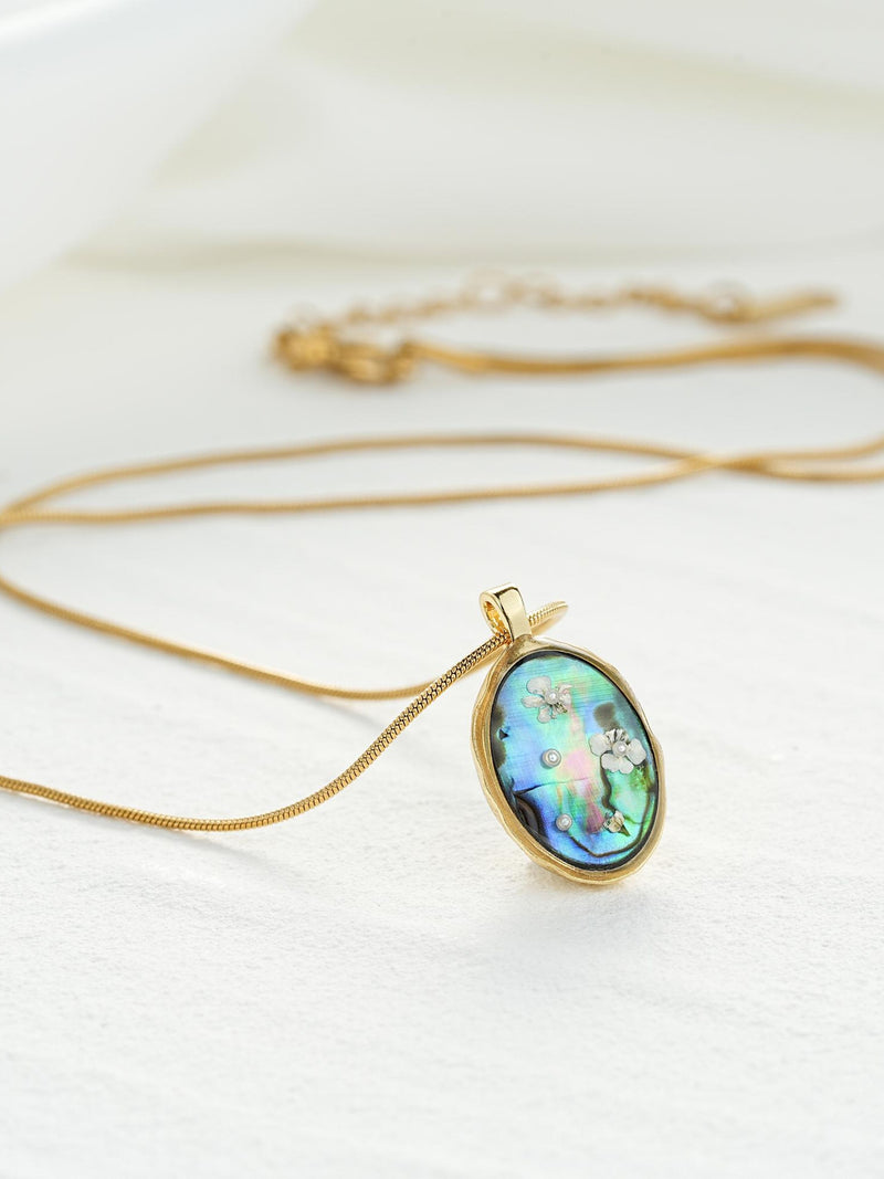 Abalone shell Pressed Flower Necklace with Pearl, Real Flower Jewelry, Ocean Inspired Jewelry, Birthday Gift, MotherÕs Day Gift for Mom ANNIVERSARY