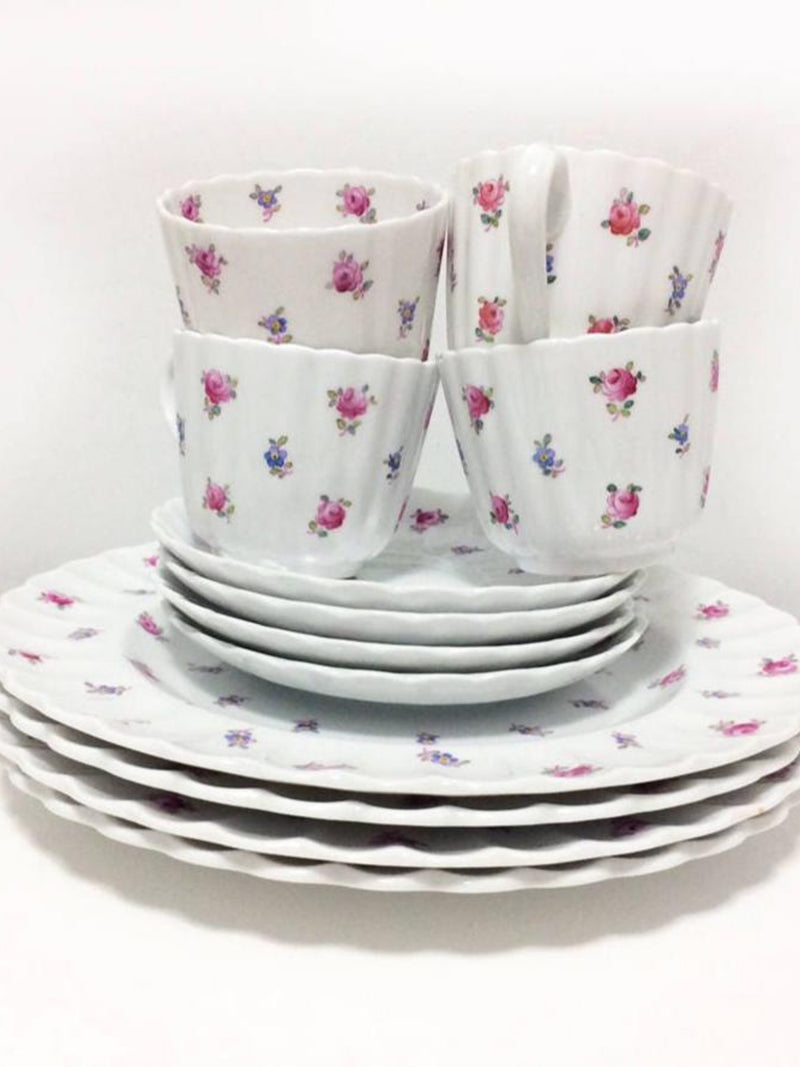 Vintage (4) Spode Cup & Saucer sets, Copeland, "Dimity" scalloped, pink roses, forget-me-nots flower spore
