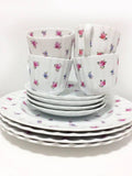 Vintage (4) Spode Cup & Saucer sets, Copeland, "Dimity" scalloped, pink roses, forget-me-nots flower spore