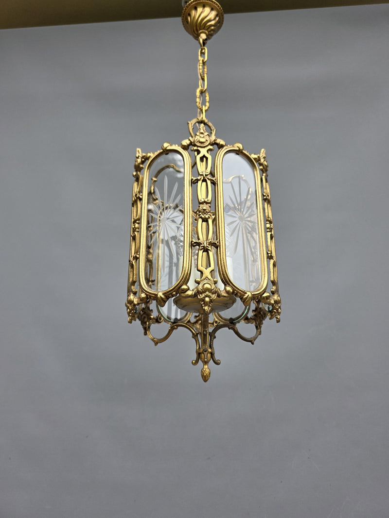 Vintage French brass lantern with etched glass panels, Louis XV style ++ silk flower