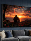 Romantic Sunset Couple Canvas, Heart Fire Art, Ocean View Wall Decor Love Romance Flower