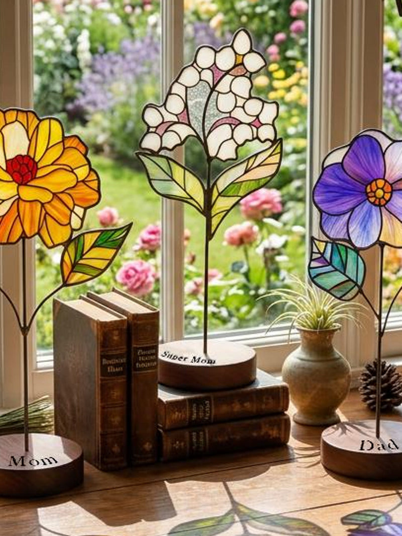 Personalized Stained Glass Birth Flower, Custom Engraved Gift for Mom Grandma, Birth Month Flower Decor, MotherÕs Day Birthday Gift FLOWER DELIVERY