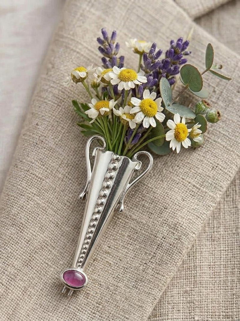 Personalized Floral Brooch, Silver Tone Flower Holder Pin, Victorian Tussie Mussie Gift for Her ANNIVERSARY