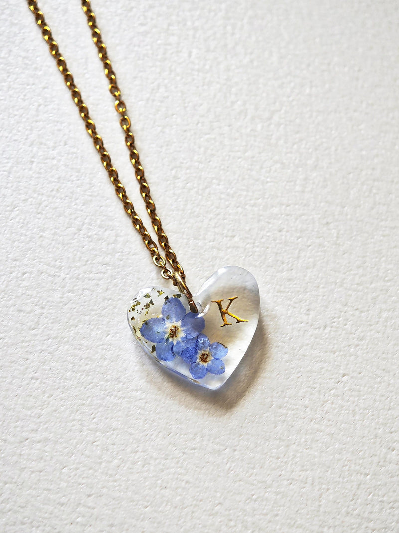 Real Forget Me Not Heart Necklace, Personalized Initial Flower Pendant, Memorial Gift for Her, Something Blue Jewelry, Pressed Flower Heart sympathy flower
