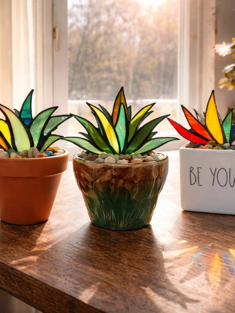 Stained Glass Succulent Decor, Colorful Sunlight Catcher, Faux Plant Rainbow Light Home Decor faux plants