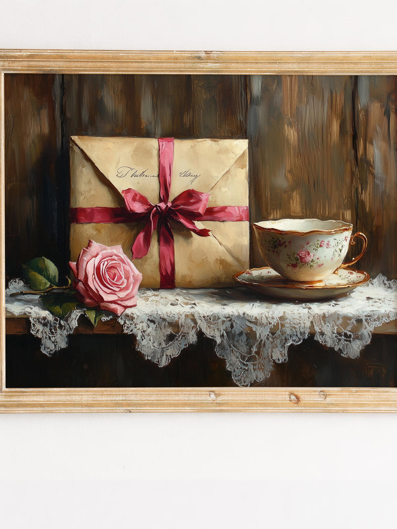 Rustic Romantic Vintage Valentine Still Life - Cozy Printable Art with Pink Rose, Porcelain Teacup, Moody Antique Home Decor, Digital Love Romance Flower