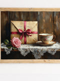 Rustic Romantic Vintage Valentine Still Life - Cozy Printable Art with Pink Rose, Porcelain Teacup, Moody Antique Home Decor, Digital Love Romance Flower