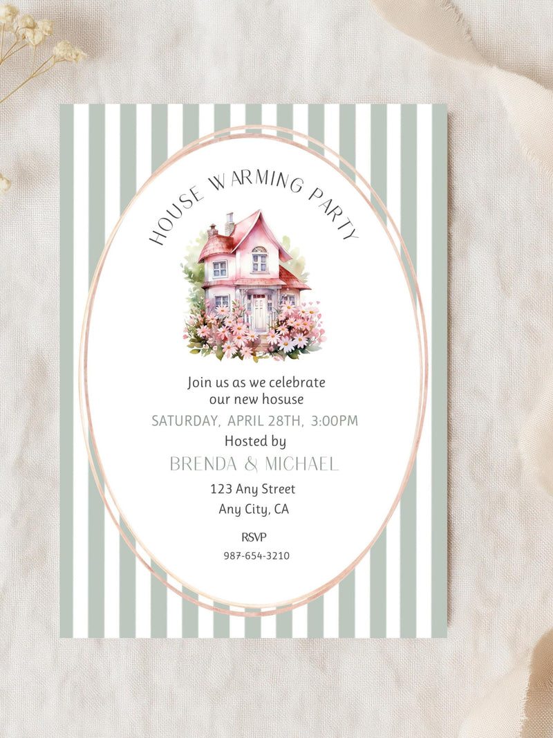 Housewarming Party Invitation Modern New Home Invite Editable Template Floral Sage Green Stripes Printable Digital Download house warming flower