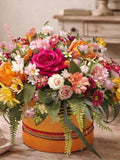 Handmade Silk Flower Arrangement in Hat Box: Orange & Pink Decor silk flower