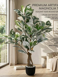 Artificial Southern Magnolia Tree | Realistic Rubber Plant, White Cotton Tree, Black Pot Decor faux plants