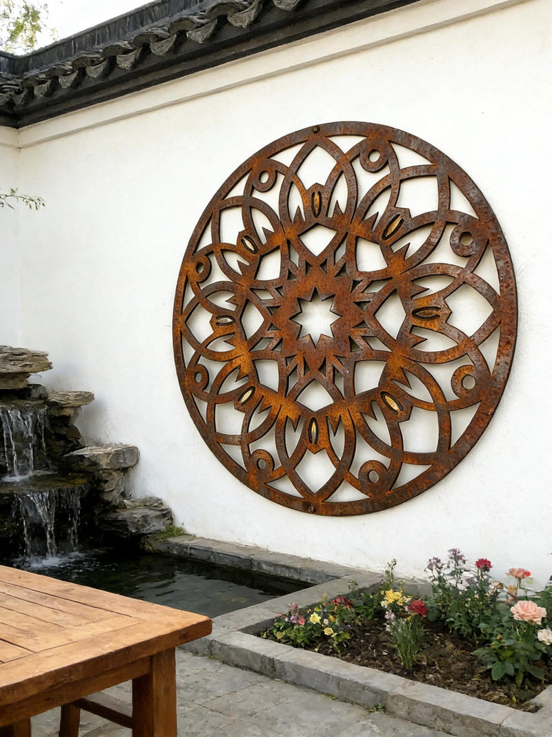 Rustic Metal Mandala Silhouette Wall Hanging, Boho Garden Ornament,  Rusty Iron Mandala Sculpture Art, House Warming Gifts house warming flower