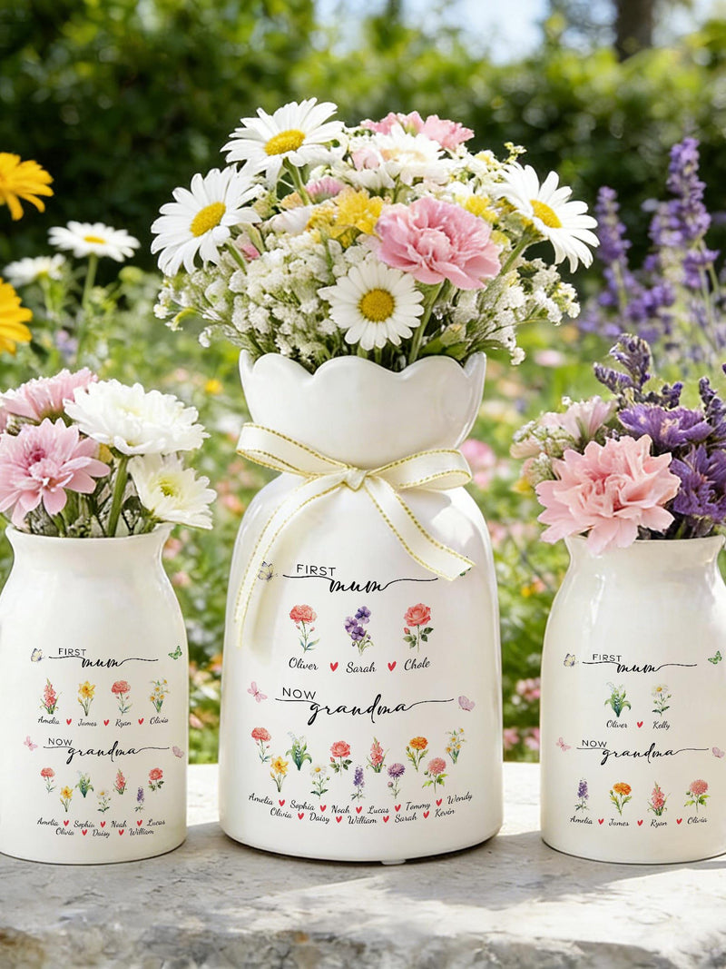Custom First Mom Now Grandma Ceramic Flower Vase,Mothers Day Gift,Grandmas Garden Vase,Birth Month Flower Vase,Birthday Gift for Mom Nana birthday flower